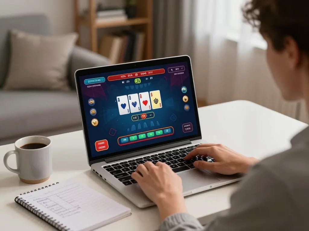 Engaging online casino gameplay session on kp88 with a user strategizing on their laptop.