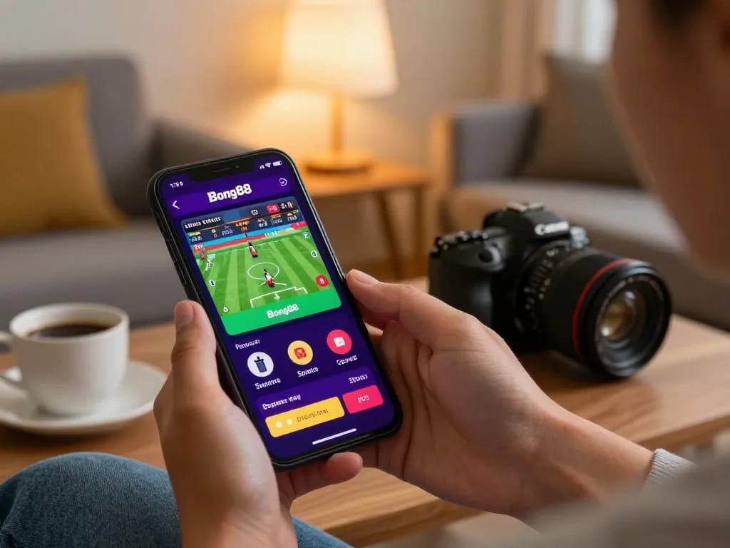 Bong88 users placing bets on smartphone app, showcasing live sports odds.