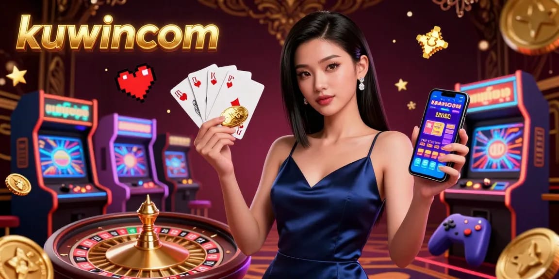 Engage in thrilling gameplay with kuwincom's vibrant casino illustration featuring a stunning woman holding a golden chip.
