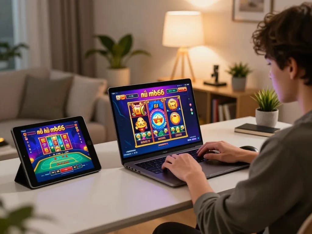 Engaging with nổ hũ mb66 slot game on a laptop in a cozy home setup.