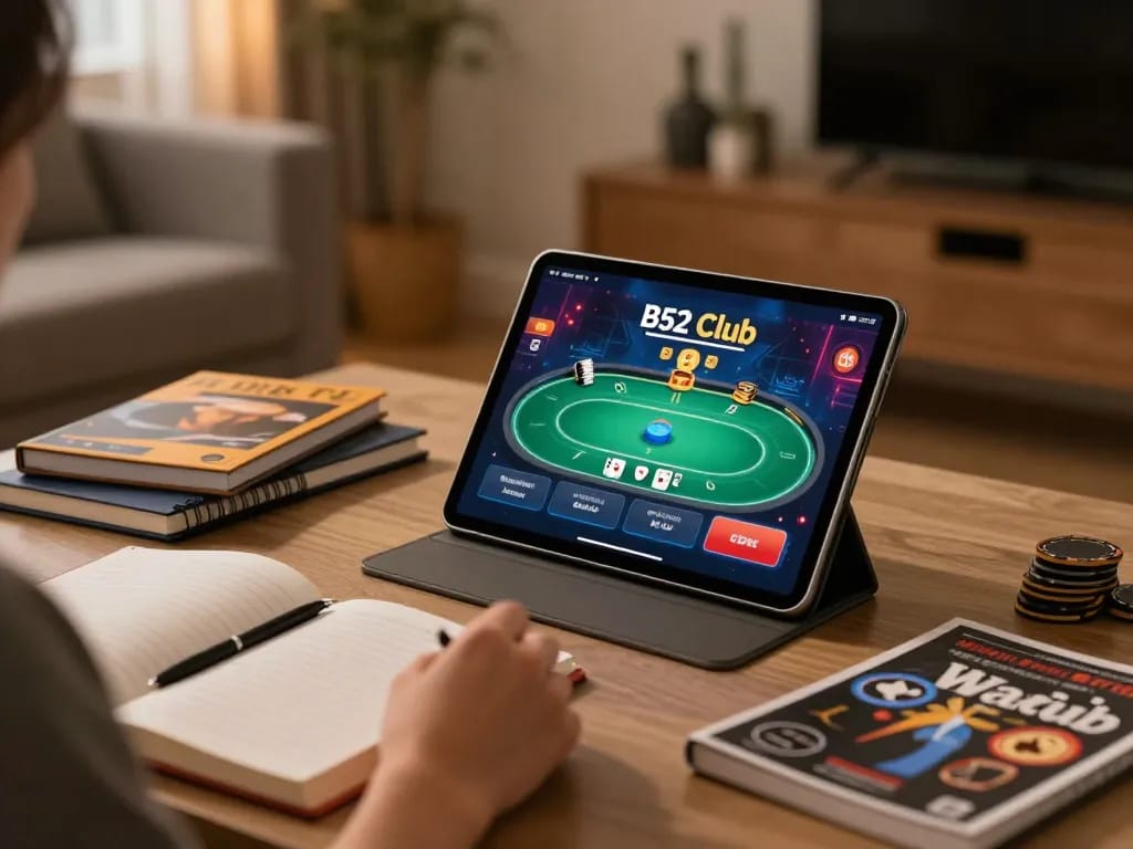 B52Club player tackling vibrant poker game strategy in cozy home setting.