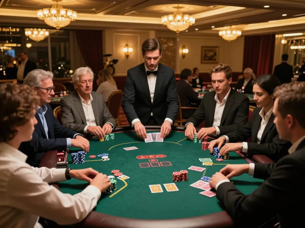 Tg88 players strategizing in an upscale casino poker game with chips and warm ambiance