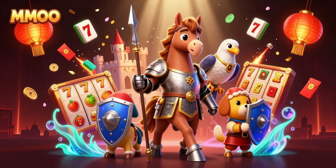 Engage in the MMOO casino experience with vibrant slot games and festive decorations, showcased creatively.