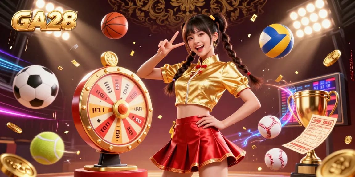 Engage with vibrant GA28 casino fun featuring a stunning Asian woman alongside colorful lottery balls.
