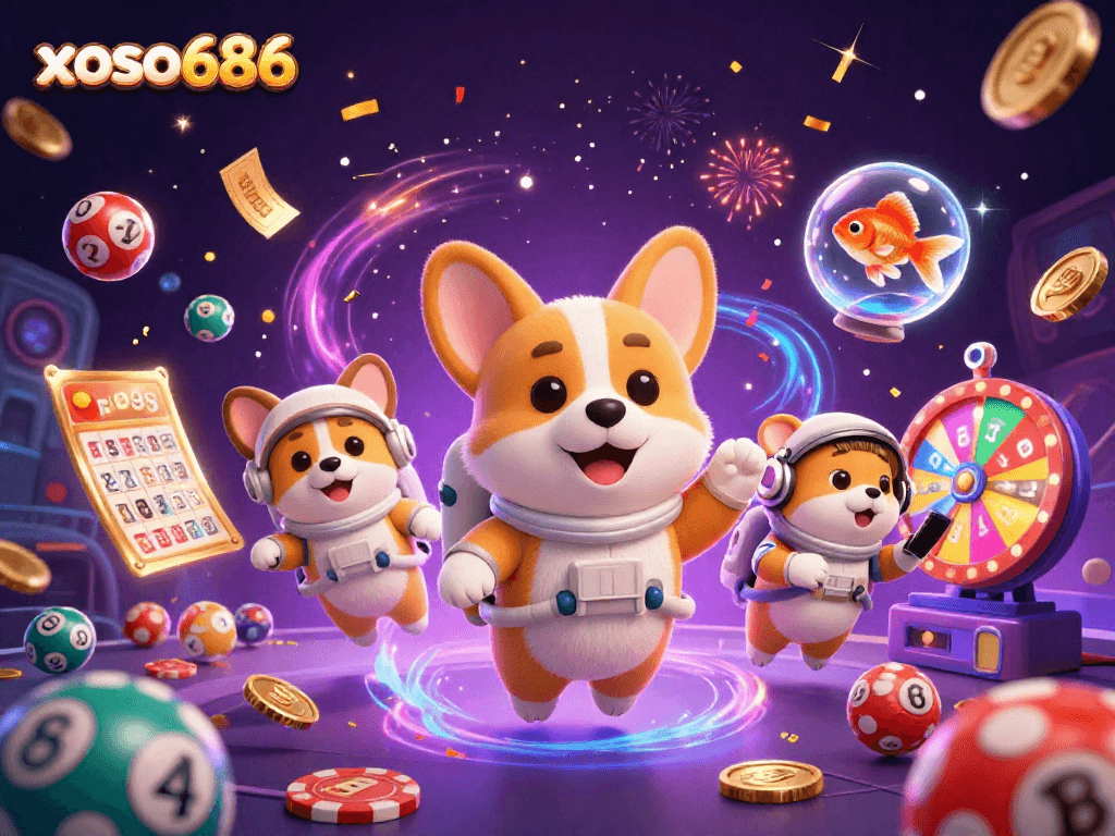 Xoso686 showcases an astronaut corgi in a vibrant space casino, winning excitement with dynamic elements.