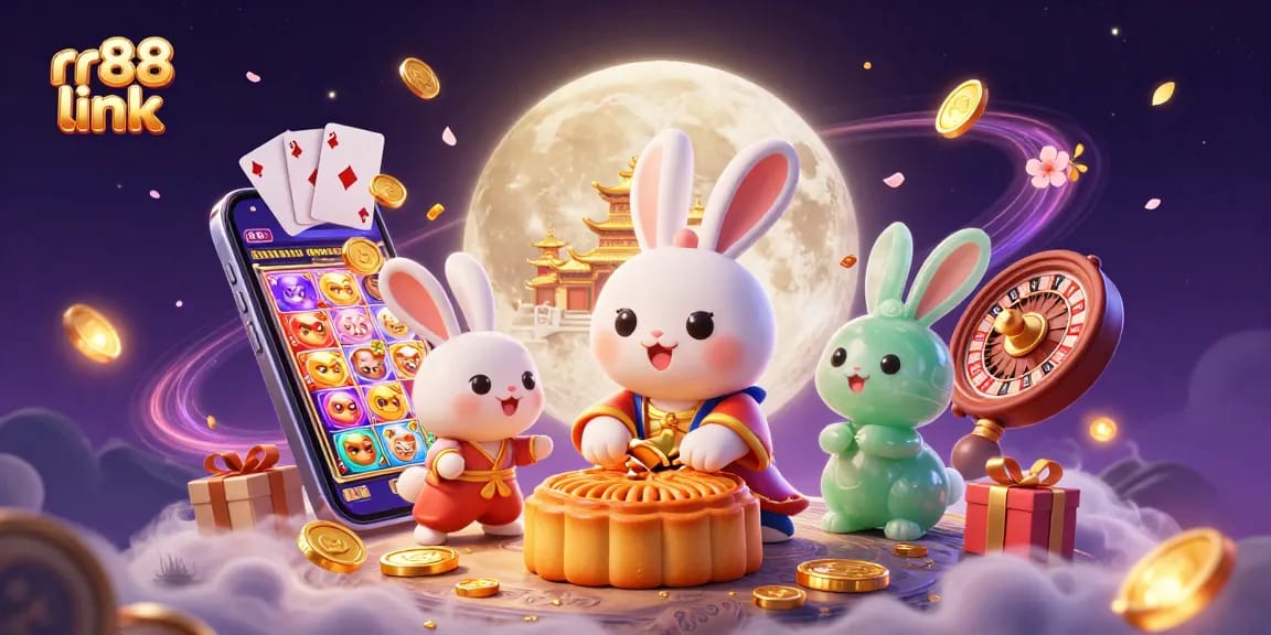 Win big with rr88 link in this vibrant casino illustration featuring lucky symbols and characters.