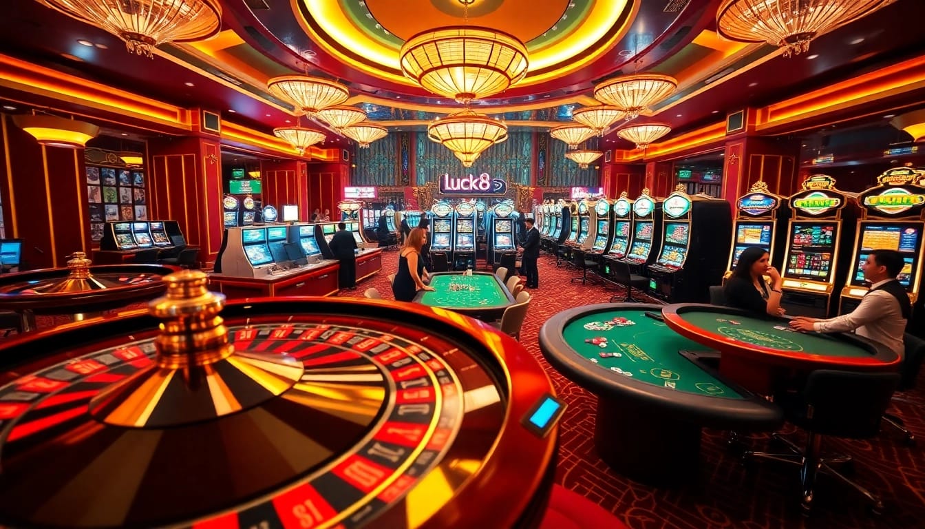 Exciting atmosphere of gambling at luck8 casino featuring roulette, poker tables, and slot machines.