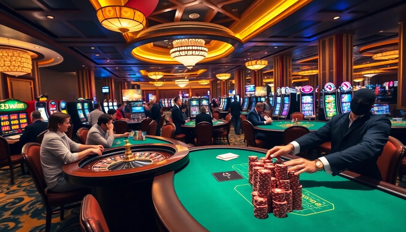 Exciting casino scene depicting players at a poker table with 33WIN branding.