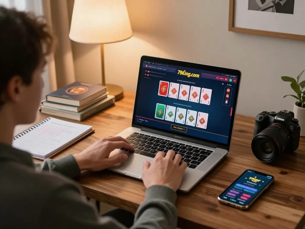 Engaged player interacting with 79king.com, showing poker game on laptop in a cozy home environment.