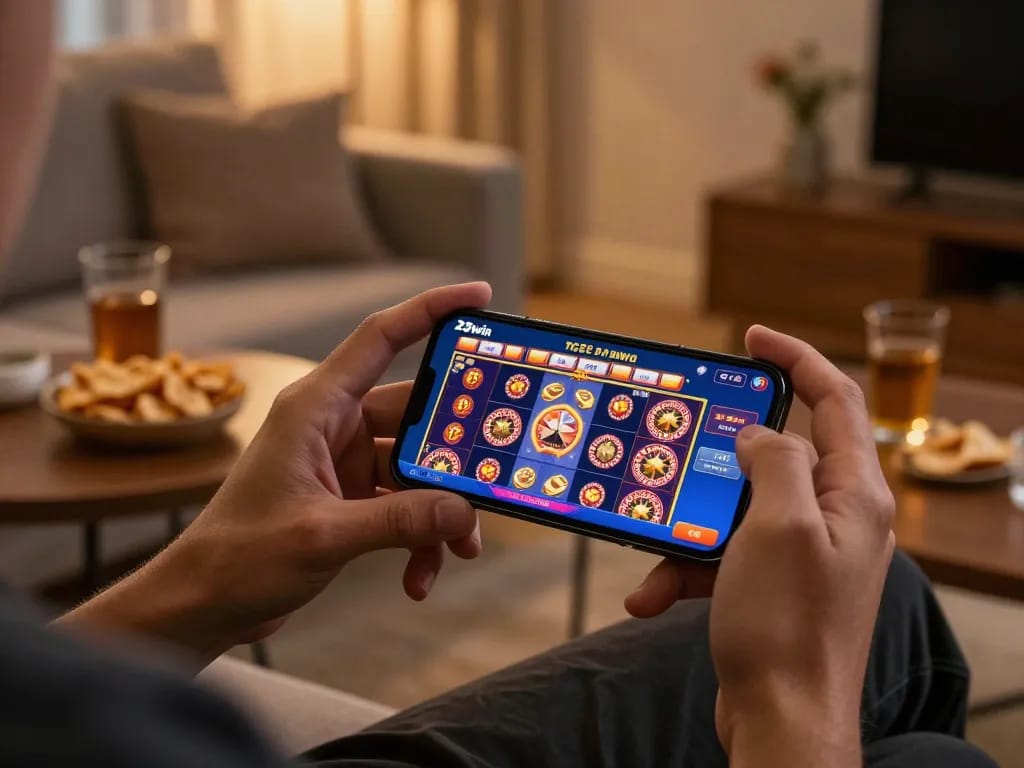Engaging gameplay experience with the 23win app on a smartphone in a cozy living room.