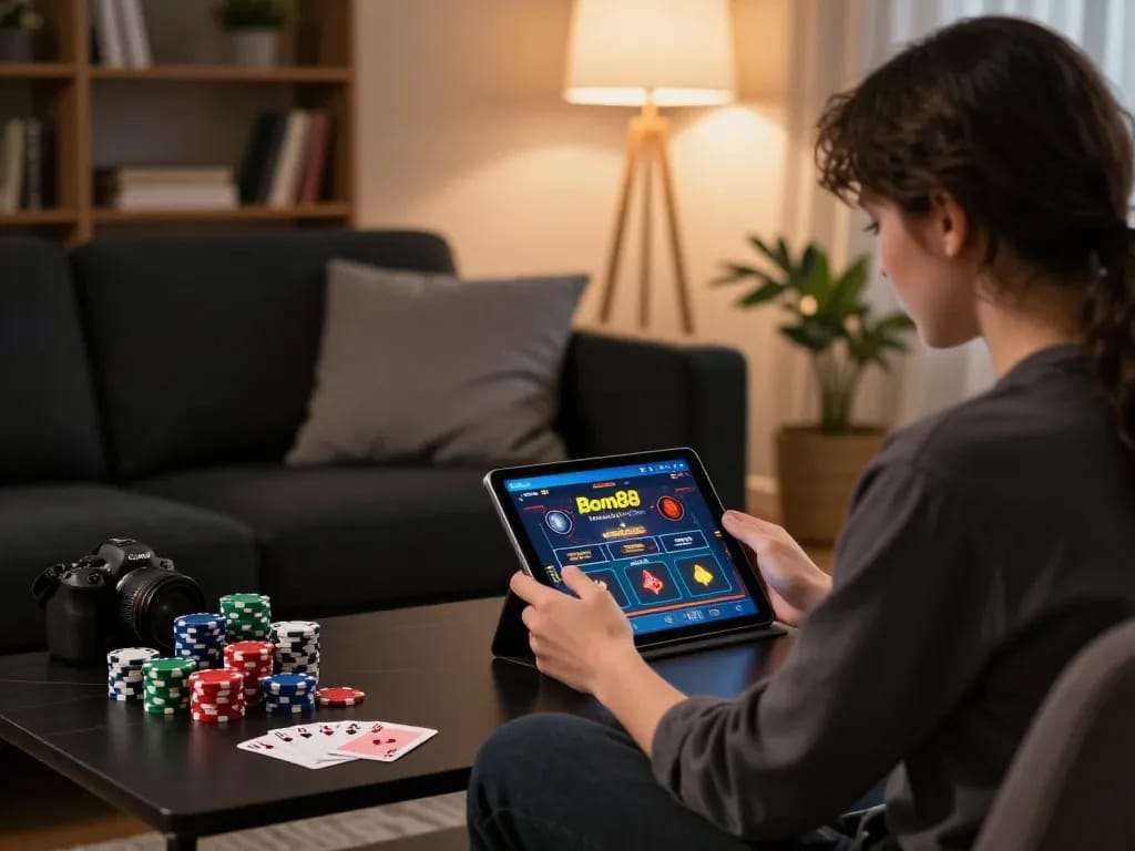 Tải app Bom88 for online casino gaming at home, featuring a stylish player's tablet, poker chips, and cozy ambiance.