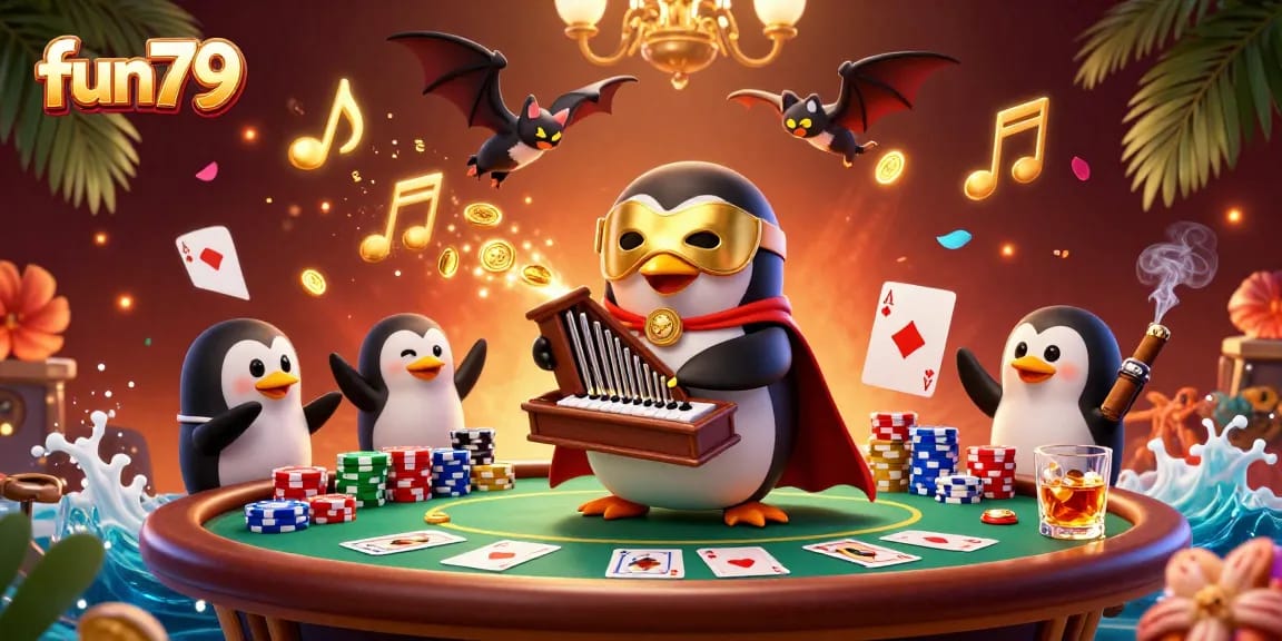 Join fun79 for immersive gaming with a 3D penguin organist creating excitement in the casino.