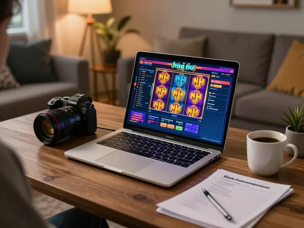 Playing nổ hũ on a laptop in a cozy home setting with notes on bankroll management