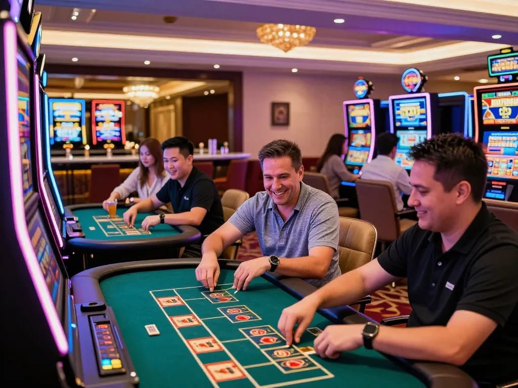Exciting casino atmosphere at 789Win with players engaged in various games, showcasing vibrant decor and energy.
