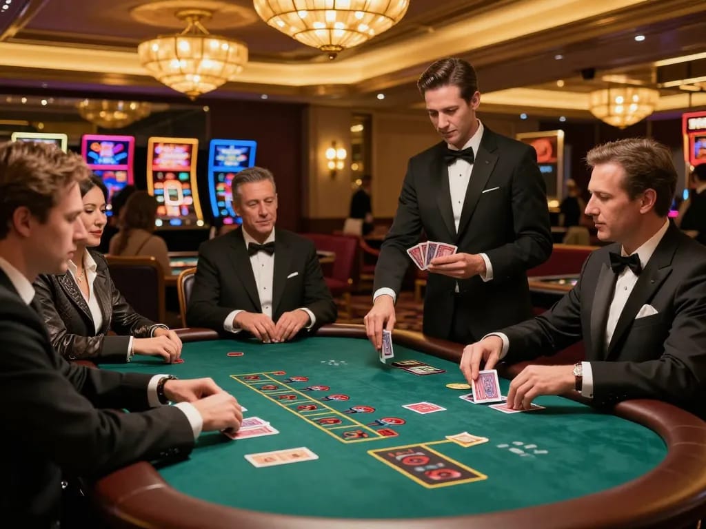 Engaged players at Go 88 blackjack table making strategic bets in upscale casino ambiance.