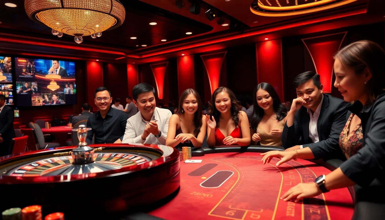 Engaging players at nhà cái 8kbet showcasing poker chips and a roulette wheel in a luxurious casino.