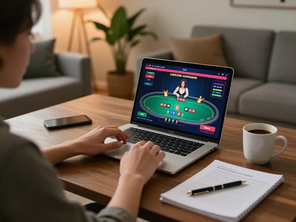 Player engaged in live casino game on cm88.com from a cozy home setup, showcasing strategic betting.
