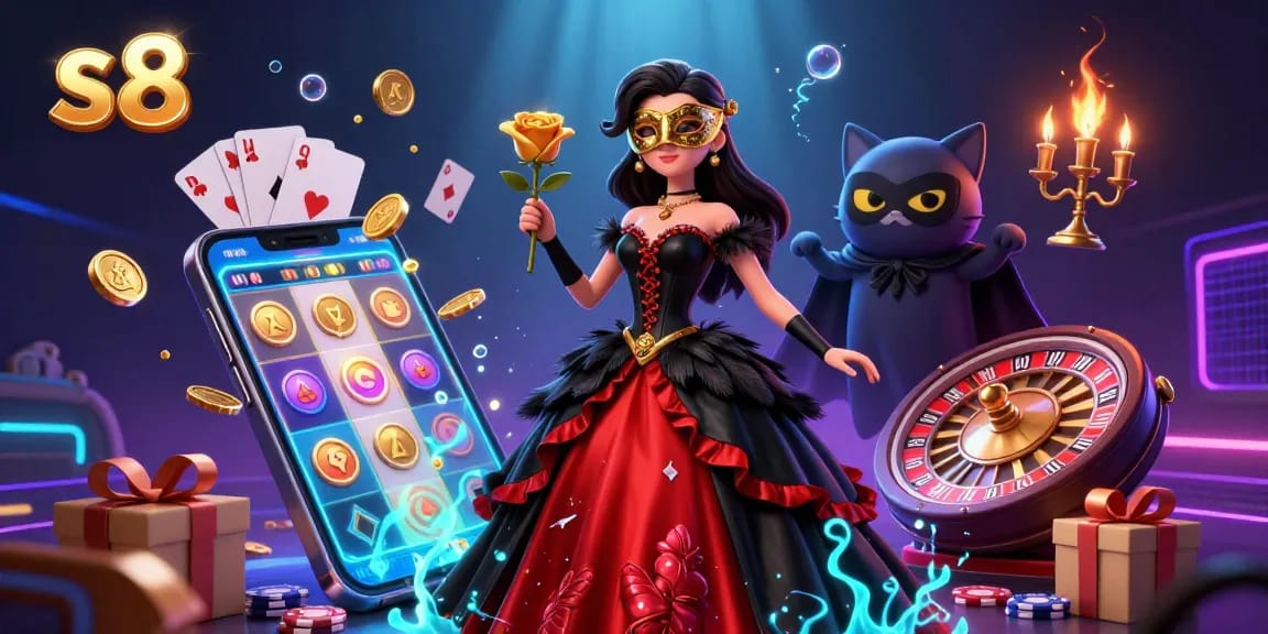 S8 features a stunning gambler with golden rose amidst vibrant slot game animations.