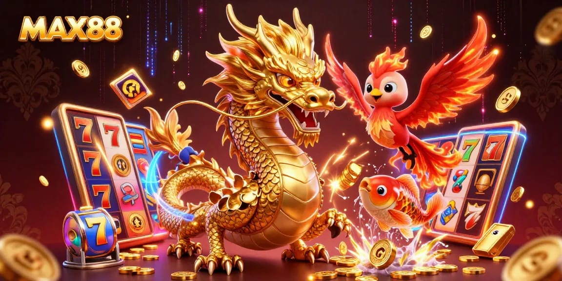 Experience thrilling wins at MAX88 with a vibrant 3D casino illustration featuring a fierce dragon.