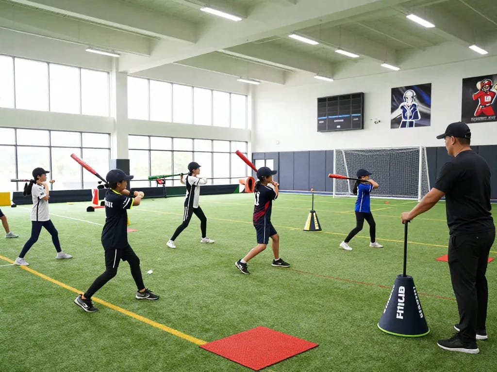Intense baseball training session at hitclub facility, focusing on young athletes improving skills.