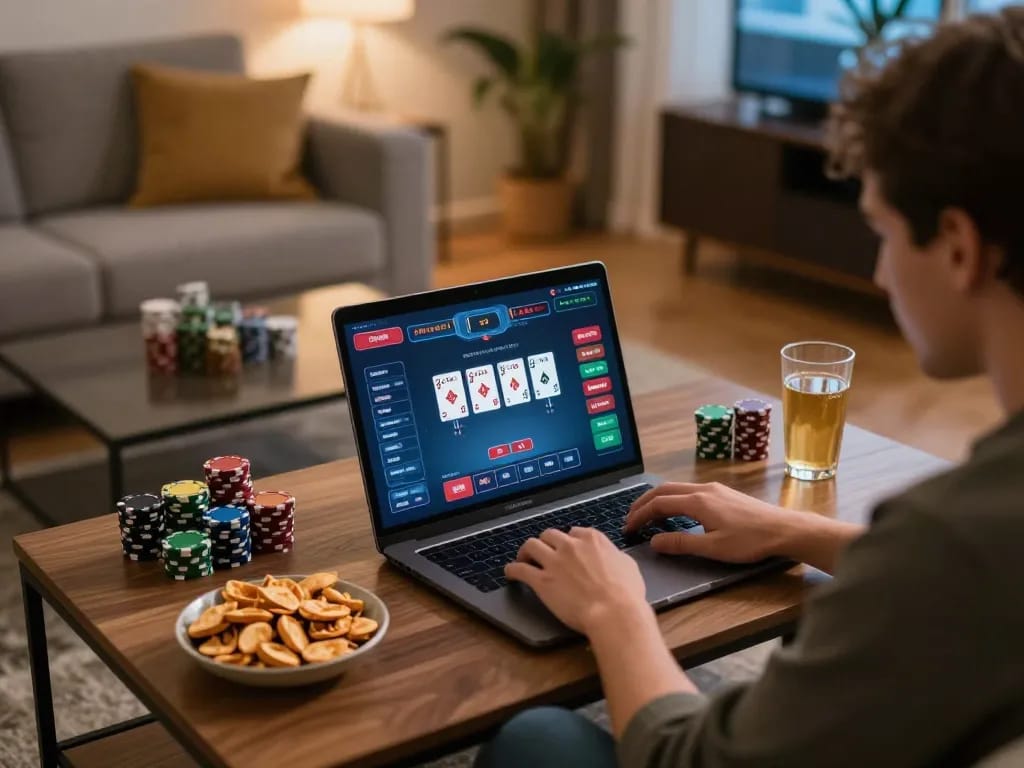 Playing online poker at home with 58win on the laptop screen in a cozy setting