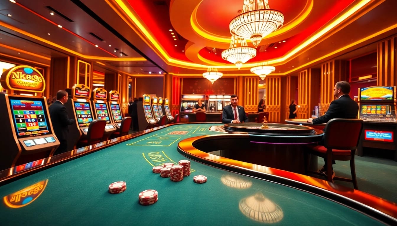 Experience NK88's thrilling casino environment with poker chips and vibrant slot machines.