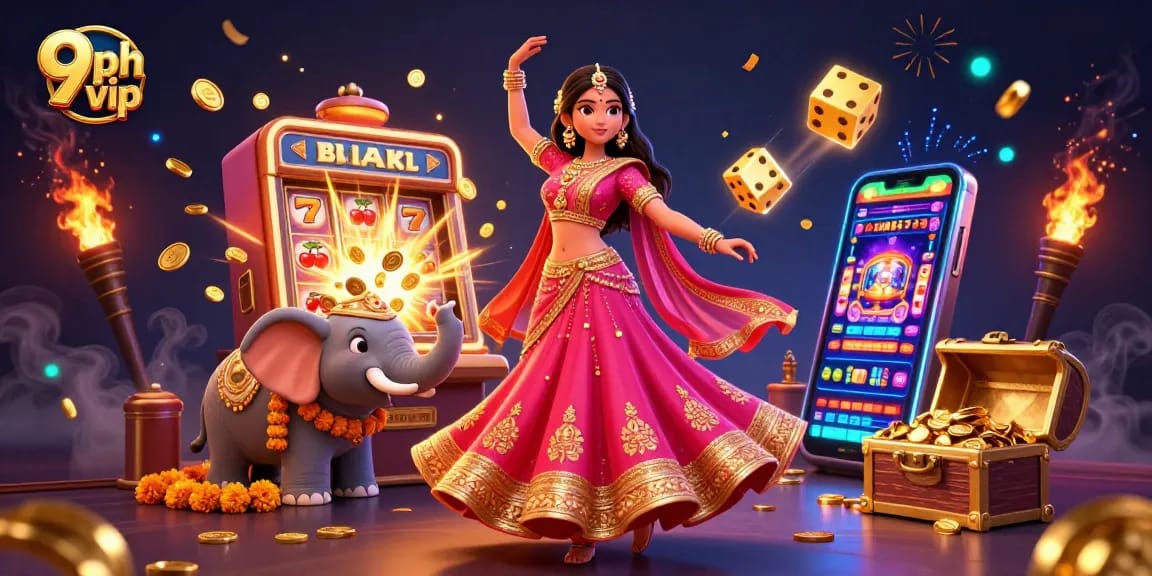 Win big at 9ph vip with vibrant 3D casino illustration featuring festive elements and exciting gaming action.