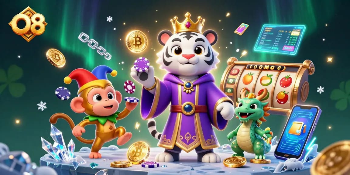 Experience thrilling gaming action with O8's vibrant 3D scene featuring a tiger, monkey, and dragon amid riches.