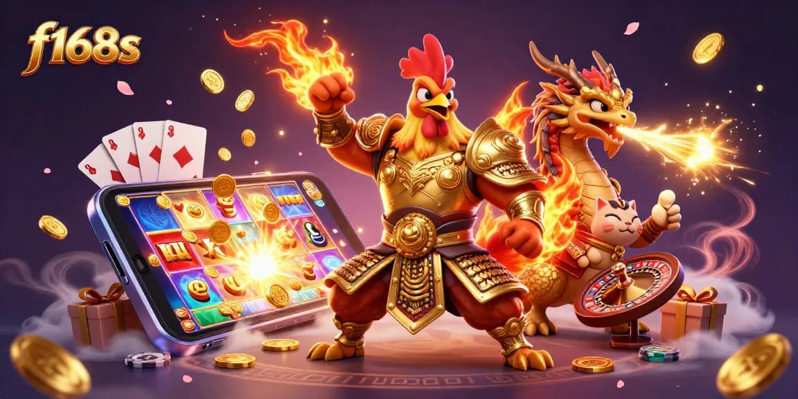 Experience exciting slot games with f168s in this vibrant 3D gambling illustration featuring dynamic icons.