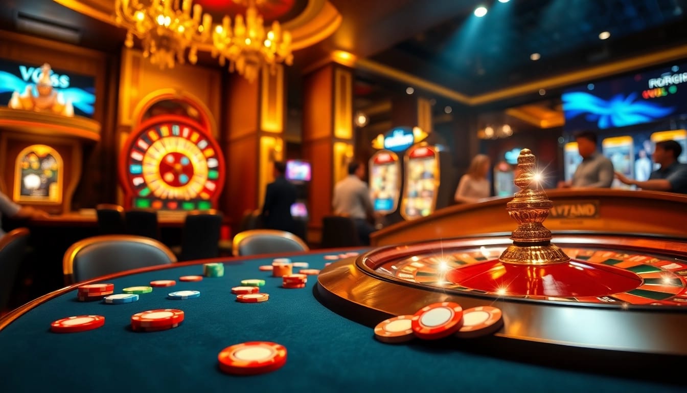 Experience the excitement of V7sb com with vibrant poker chips and a glowing roulette wheel.