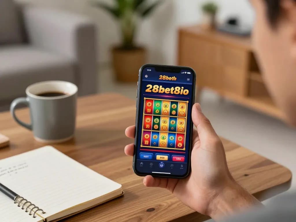 Player interacting with the 28bet8io mobile app while enjoying a cozy home gaming session