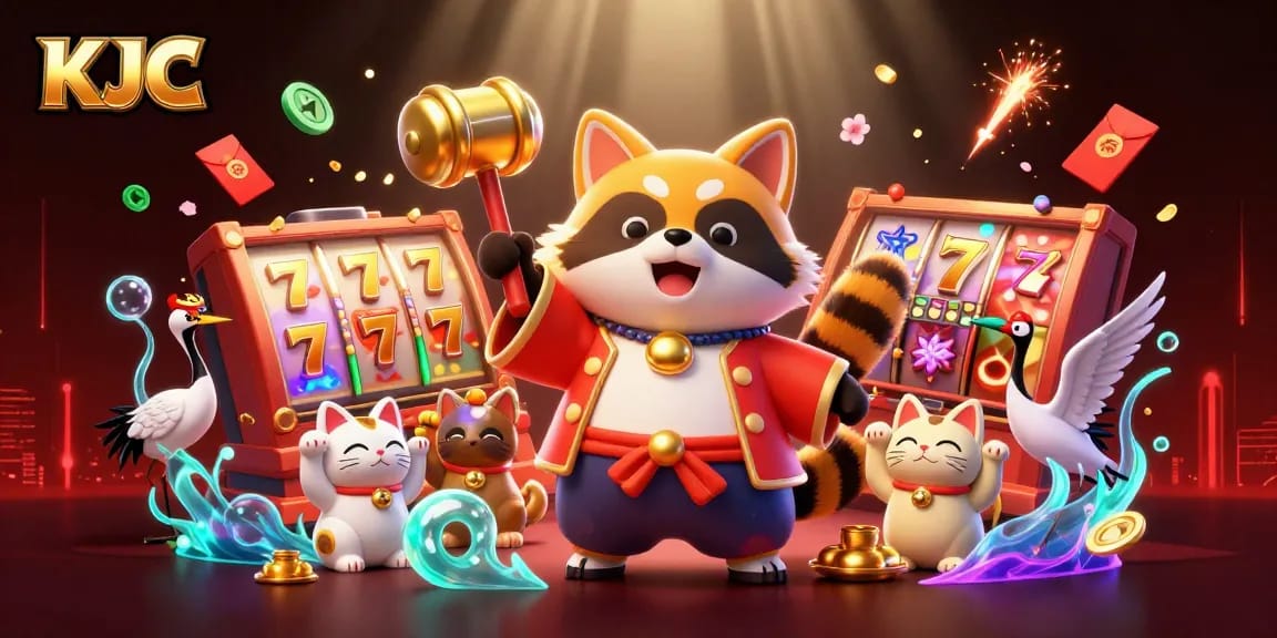 KJC promotes winning strategies with colorful tanuki and samurai elements, rich casino themes in stunning detail.