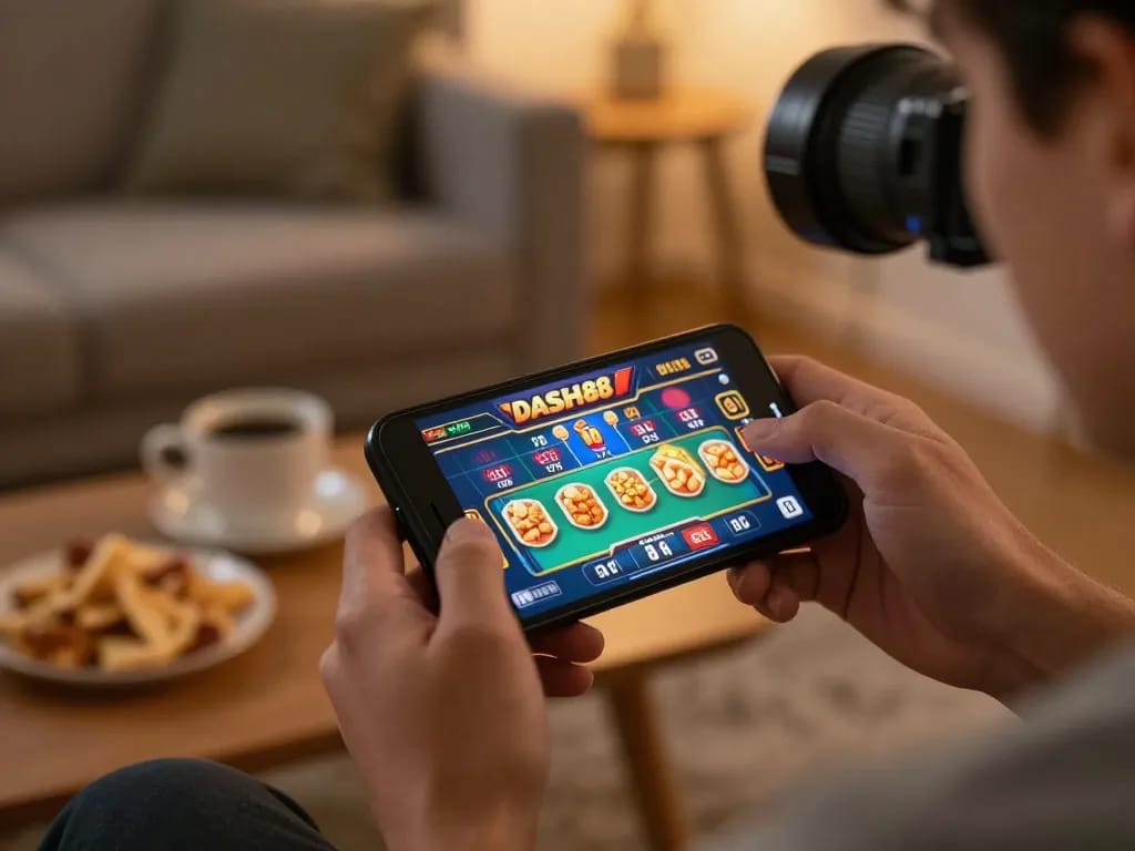 Engaging in online gaming through dash88 on smartphone in a cozy setting.