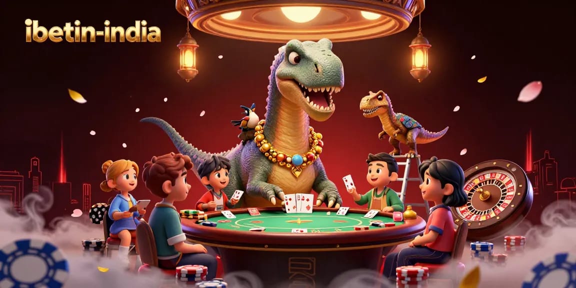 Engage with ibetin-india for thrilling casino experiences featuring a giant brontosaurus overseeing a poker table.
