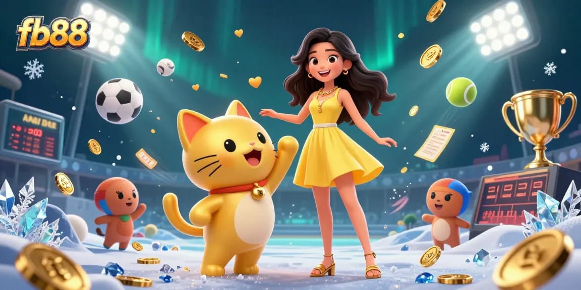 Win exciting games at fb88 with a cheerful Asian woman and a lucky cat celebrating amidst sports elements.