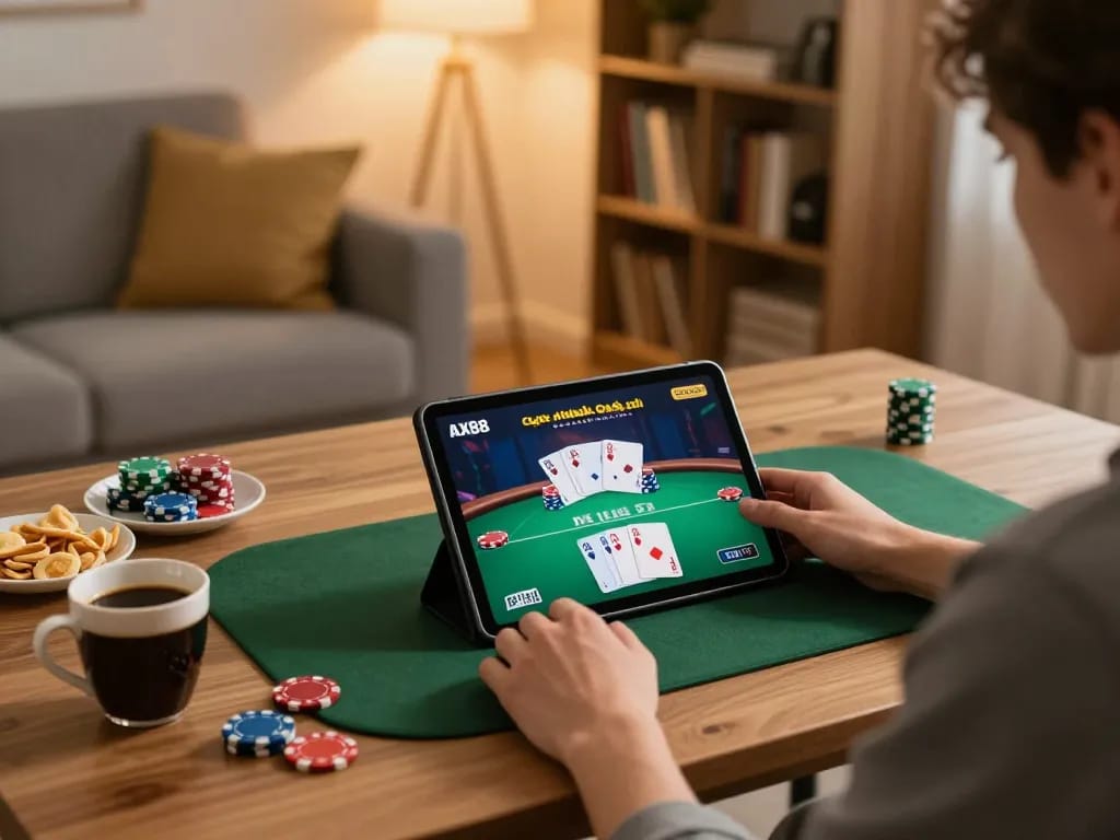 Engaged player enjoying AX88 com online casino gameplay on tablet with snacks nearby.