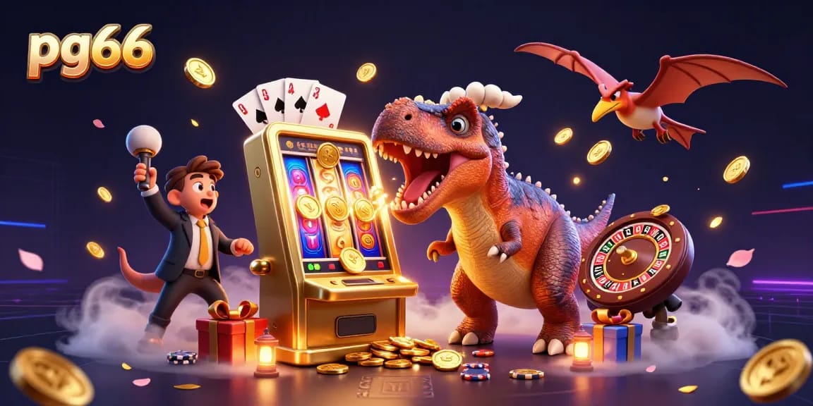 pg66 showcases a vibrant scene of excitement with a dinosaur interacting with a slot machine, amidst dynamic casino elements.