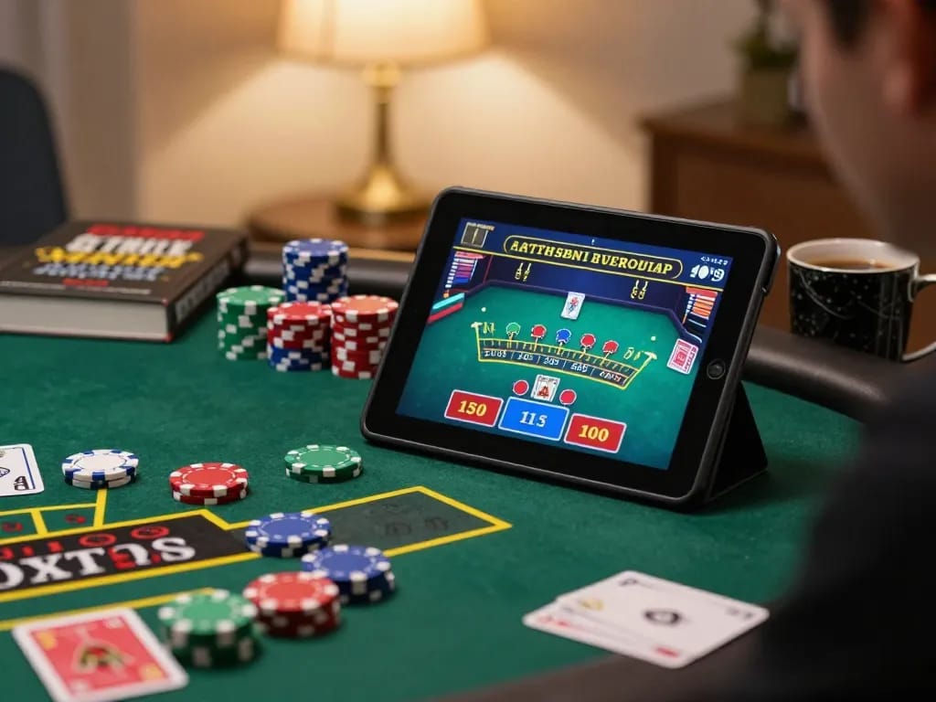 Engaged player channels the thrill of gambling at https://lc88.jpn.com/ with live dealer blackjack on a compact tablet.