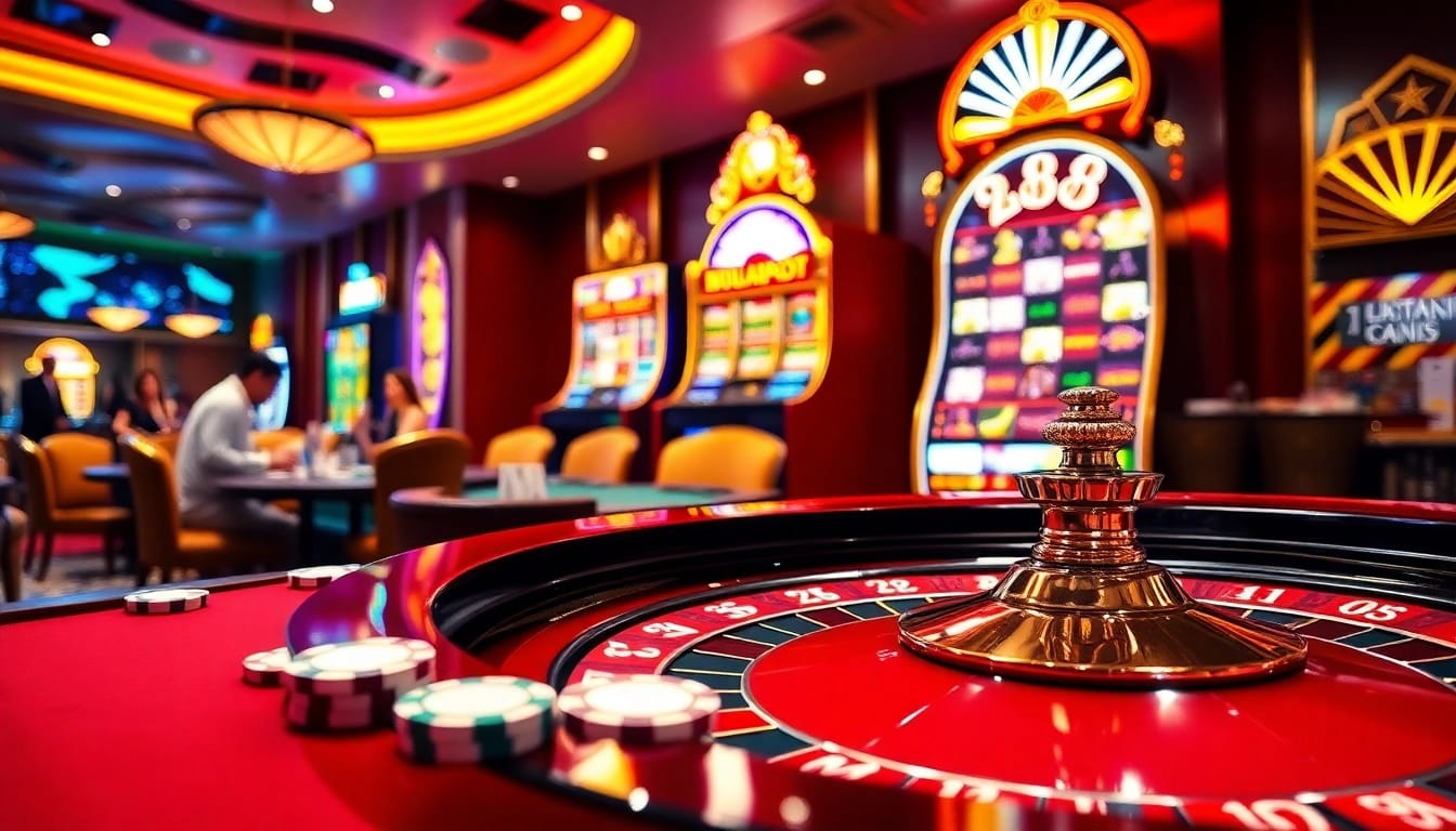 Experience the thrill of gambling at X88, featuring a luxurious casino scene with a roulette table and slot machines.