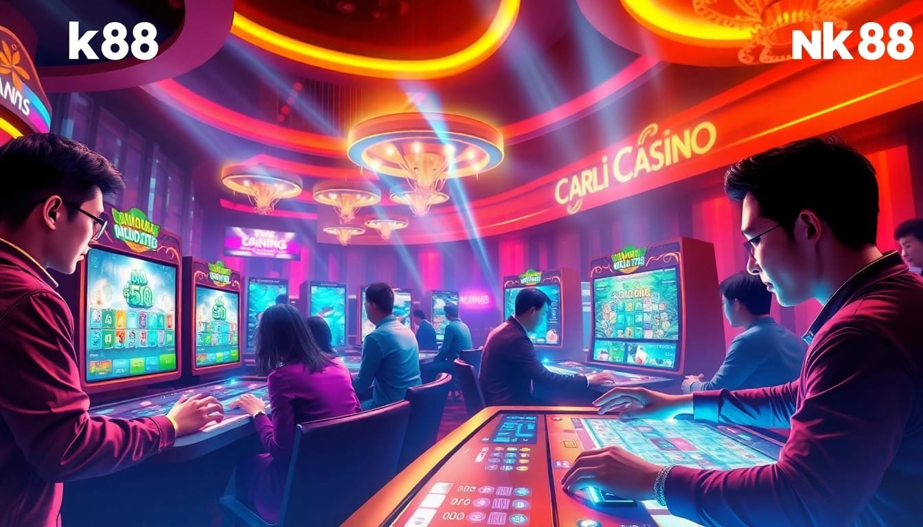 Exciting nk88 online gaming scene with diverse players and vibrant colors.