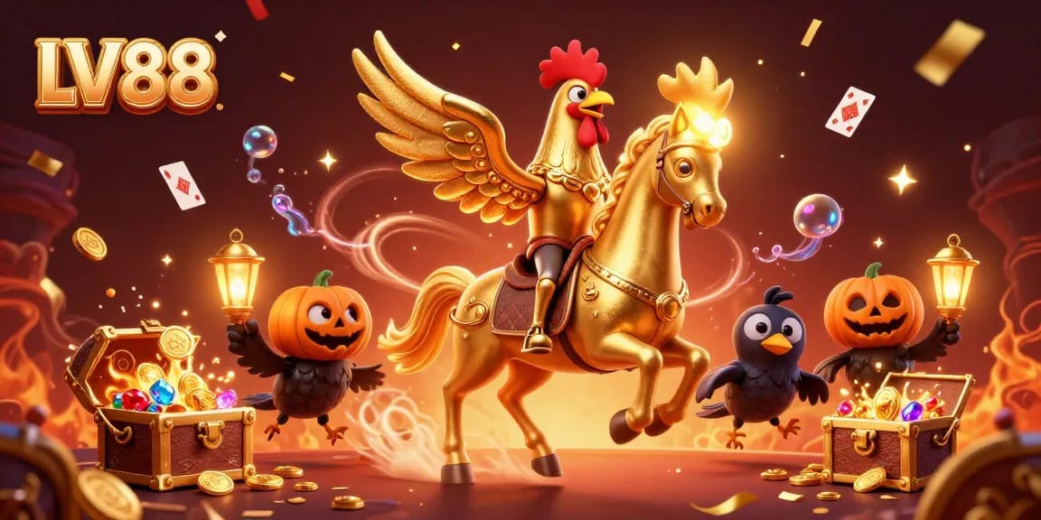 Experience the thrill at LV88 with a golden rooster riding through a festive casino scene.