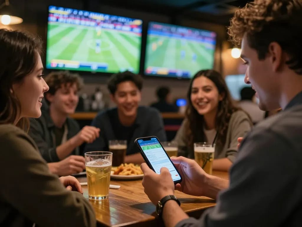 Engaging in sports betting using an app for the latest kèo bóng đá updates in a lively sports bar.