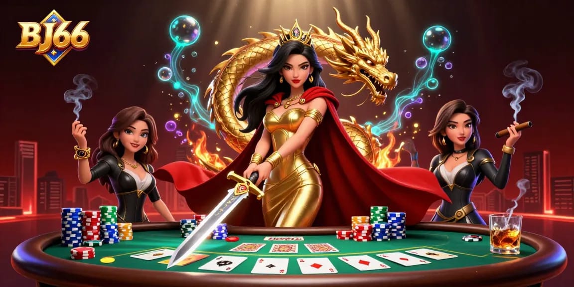 Engage in winning strategies at BJ66, featuring a warrior queen and epic poker gameplay.