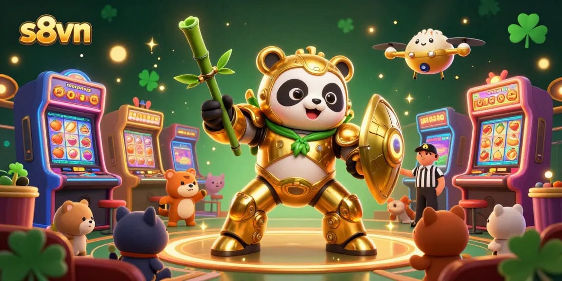 Engage in thrilling casino action with s8vn's vibrant mech-suit panda and exciting slot machines.