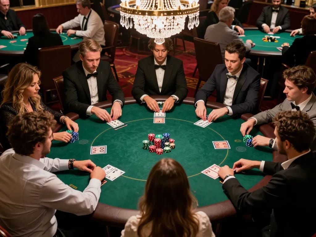 KJC poker tournament with intense players focused on their hands amidst a luxurious casino setting