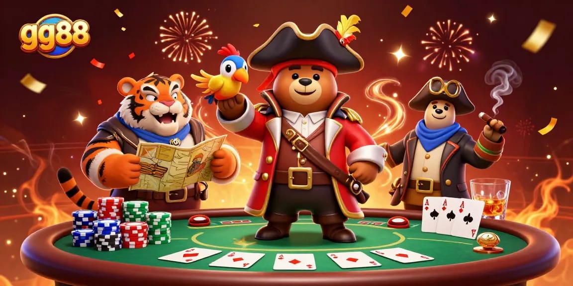 Engage in thrilling games at gg88 while encountering a pirate captain bear and his crew in a vibrant casino scene.
