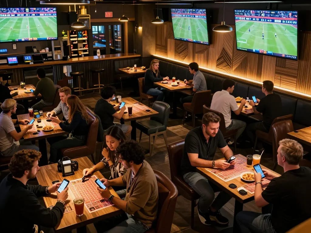 Engaged bettors at a lively sports bar utilizing 13win-asia for live betting strategies.