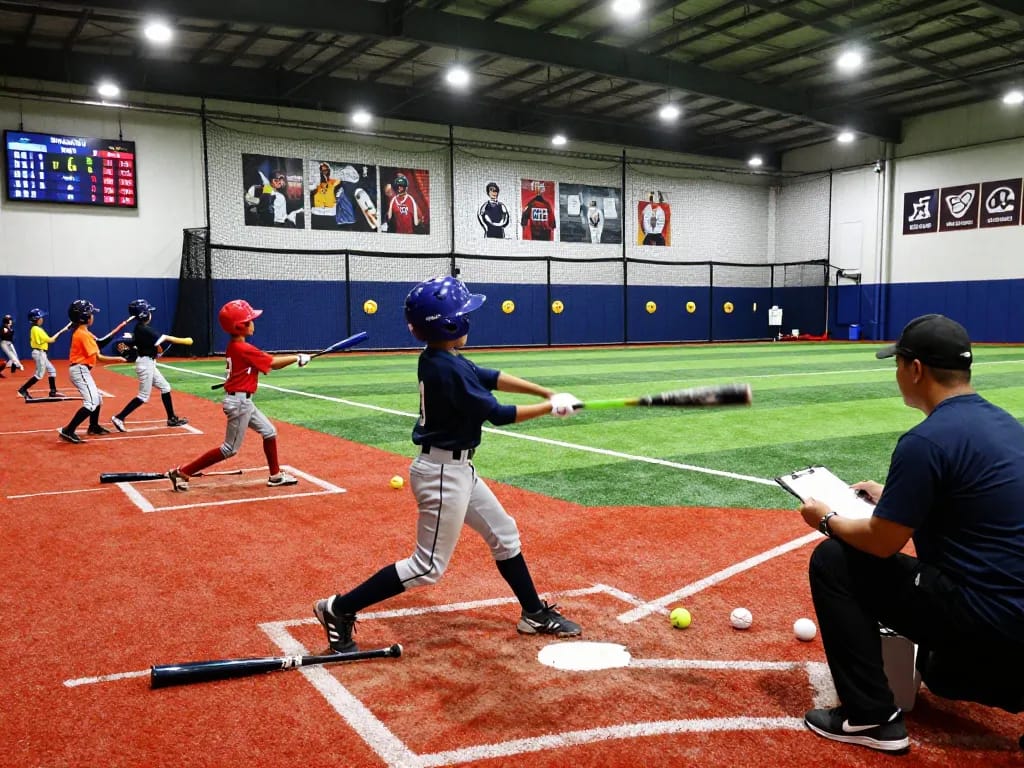hitclub youth baseball training scene with players practicing batting and coaching in a lively indoor facility