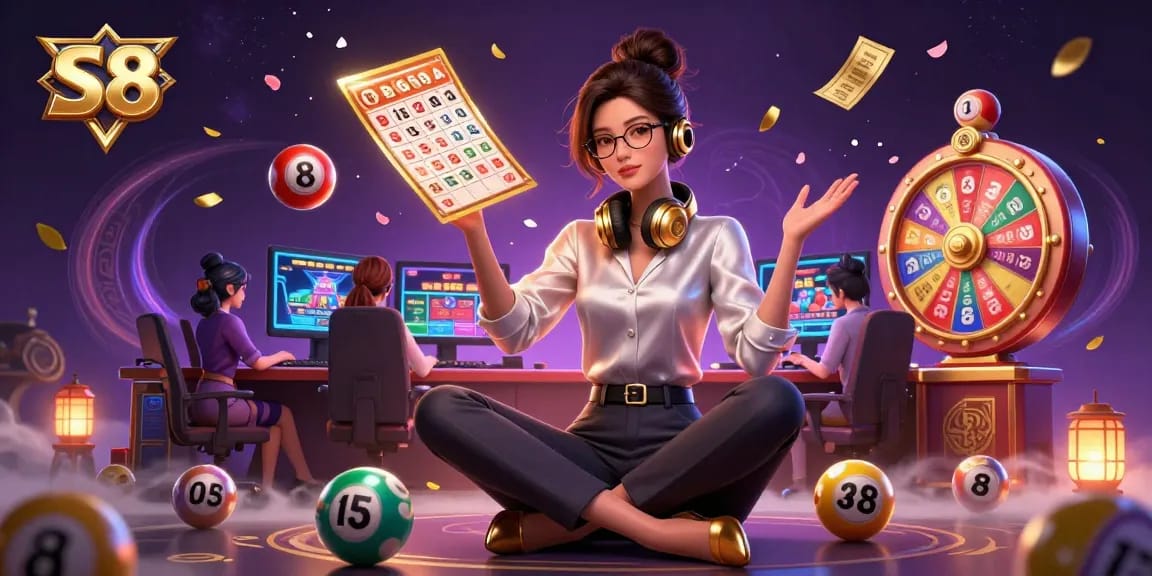 Experience thrilling S8 live dealer games with colorful lottery elements in an energetic casino scene.