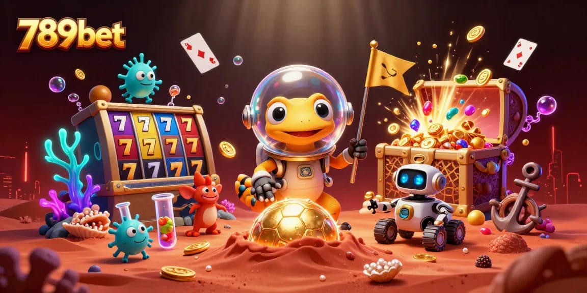 Experience the thrill of 789bet with a Martian gecko discovering a gold casino, surrounded by vibrant slot elements.